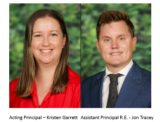 Portrait photos of Acting Principal Kristen Garrett and Assistant Principal R.E. Jon Tracey side by side against a green background