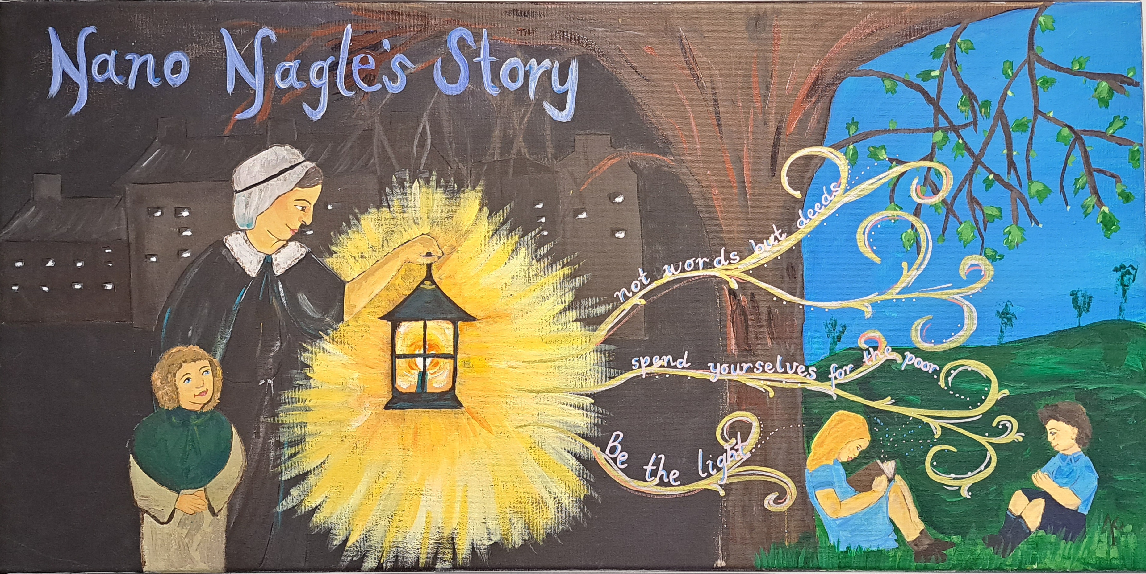 Nano Nagle story mural showing a woman holding a lantern with children and flowing words symbolising light hope and service