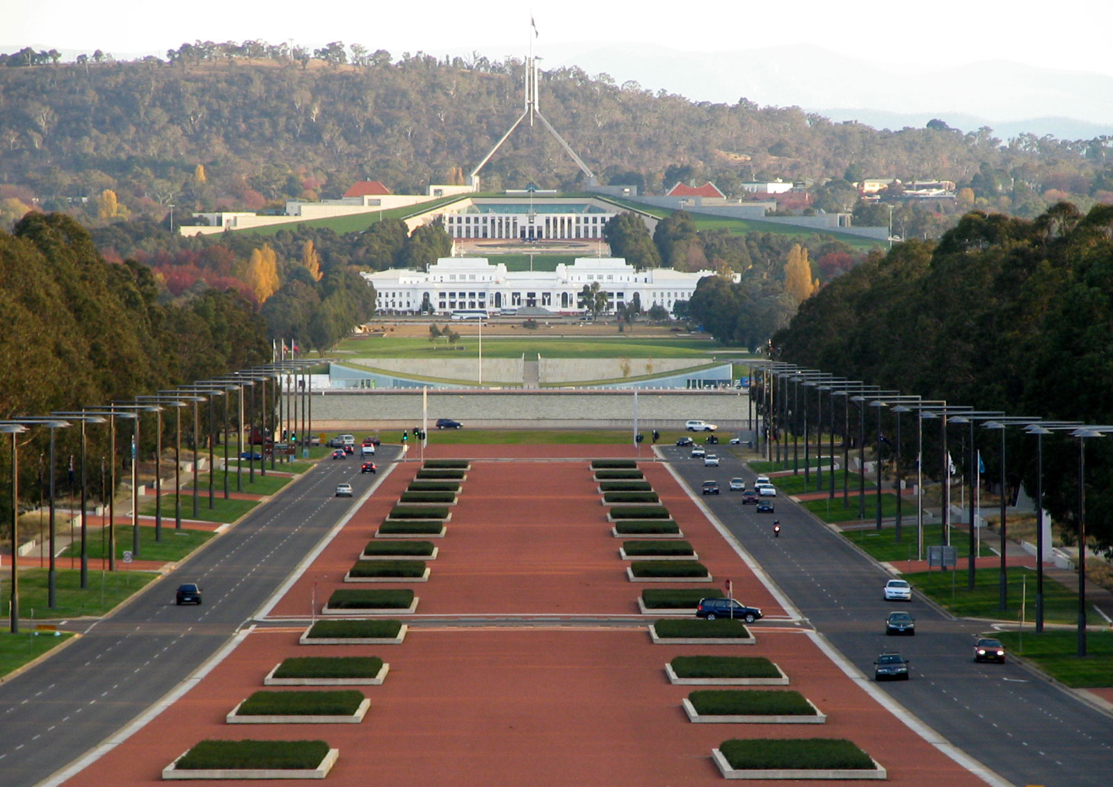 View of Parliament House in Canberra with Anzac Parade and surrounding landscape