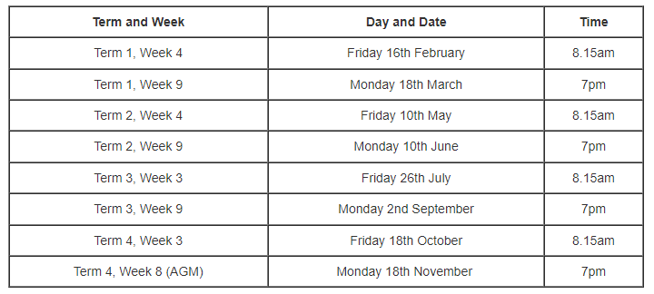 School calendar table listing meeting dates by term and week with corresponding days dates and times
