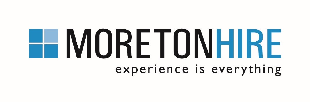 Moreton Hire logo with blue square icon and the words experience is everything