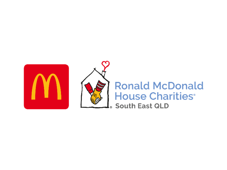 Ronald McDonald House Charities South East QLD logo with house and hands symbol and McDonald’s icon