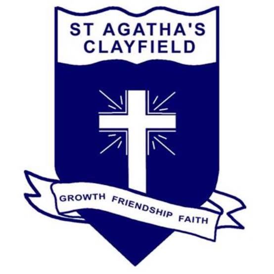 St Agatha’s Clayfield school crest featuring a cross and the words Growth Friendship Faith