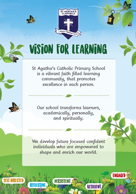 Vision for Learning poster for St Agatha’s Catholic Primary School outlining a vibrant faith-filled learning community, learner growth and future-focused values, with learner dispositions shown along the bottom