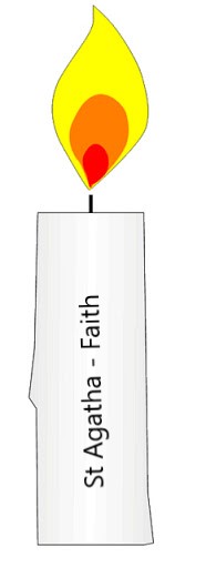 St Agatha faith candle with a yellow flame and the words St Agatha Faith on the candle body