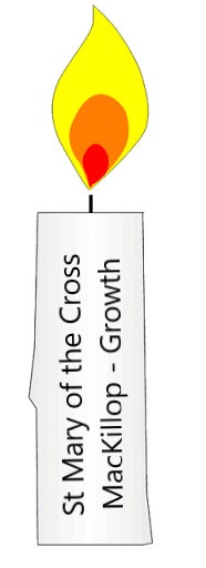 St Mary of the Cross Mackillop growth candle with a yellow flame and the words St Mary of the Cross Mackillop Growth on the candle body