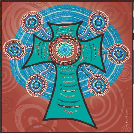 Aboriginal-style artwork of a green cross with detailed dot patterns, surrounded by seven circular motifs connected by flowing blue lines on a red patterned background